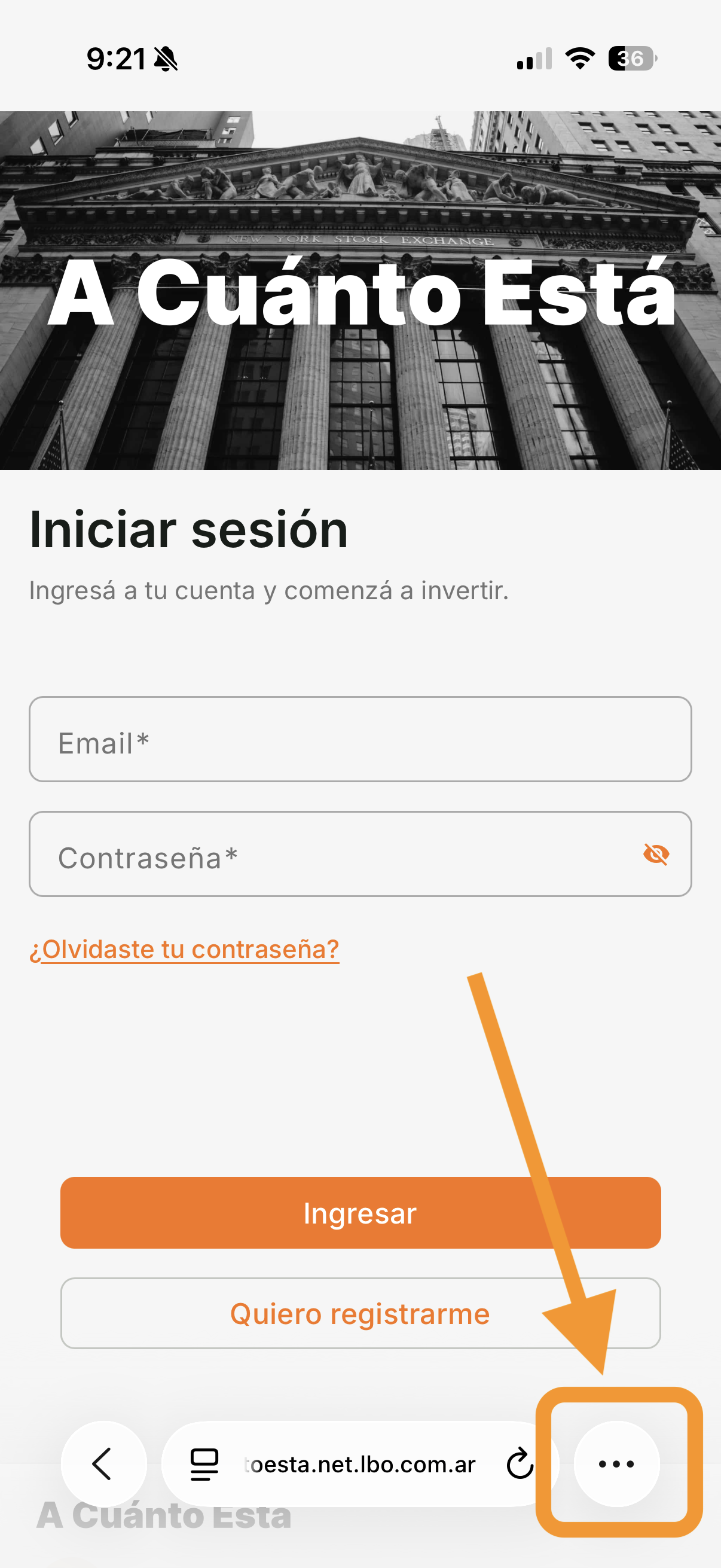 Pantalla de inicio de sesion en iPhone mostrando los 3 puntos del navegador destacados