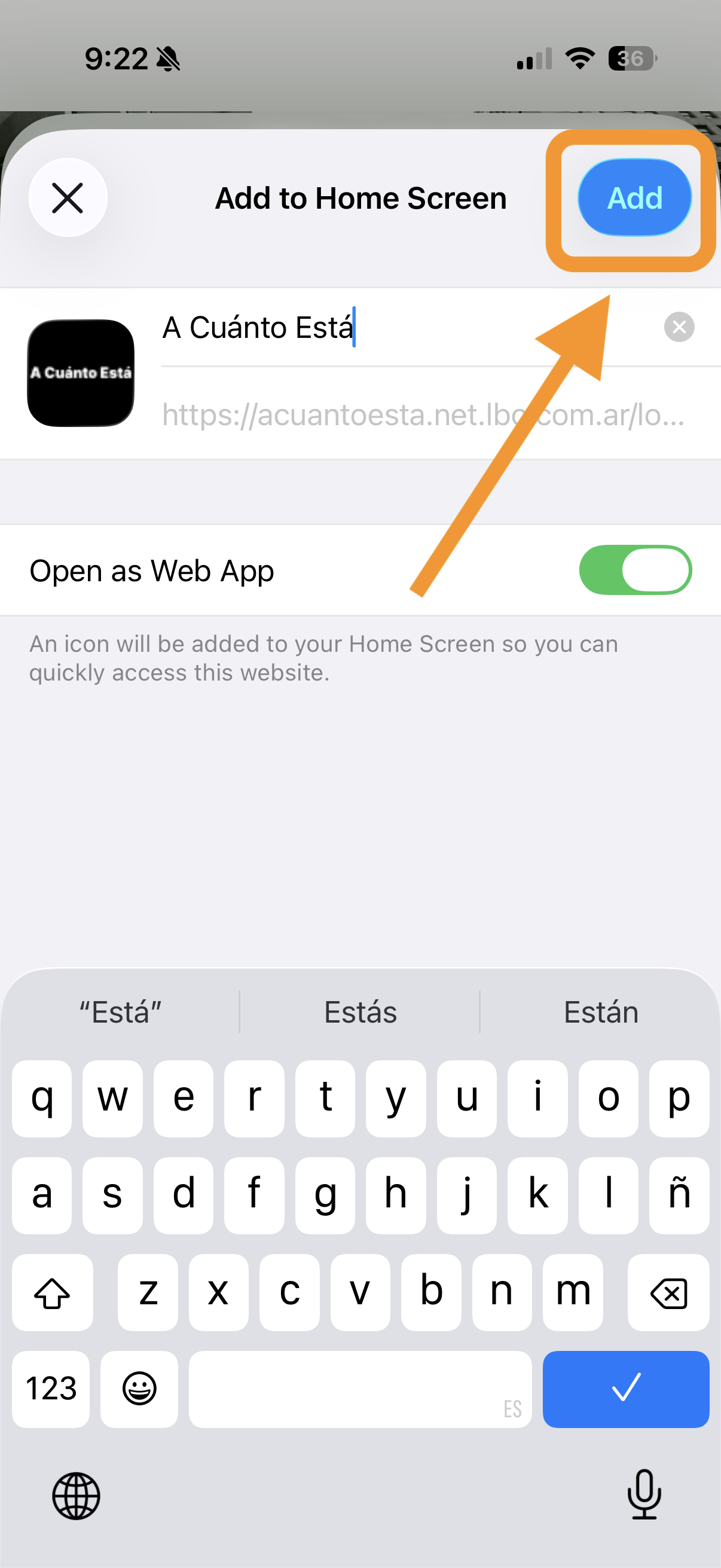 Pantalla de confirmacion Add to Home Screen mostrando el boton Add destacado arriba a la derecha