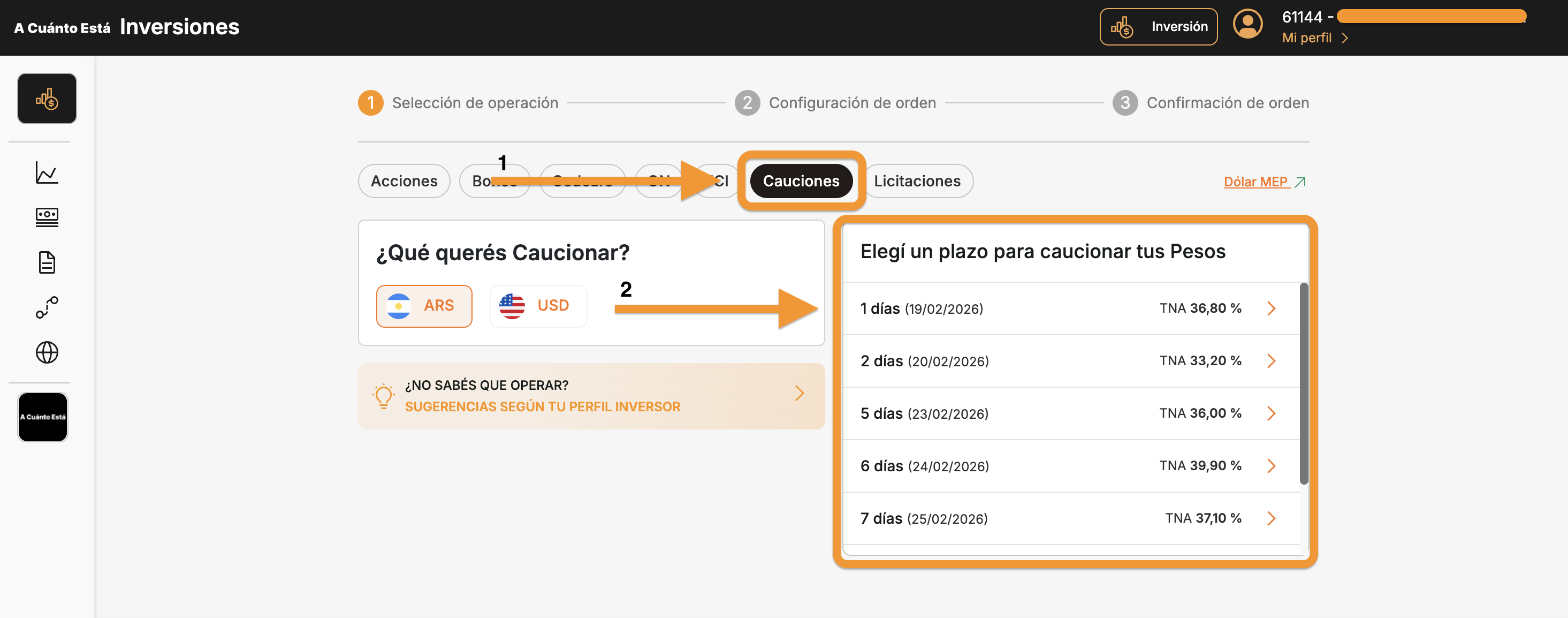 Pantalla de Cauciones mostrando la seleccion de moneda ARS o USD y los plazos disponibles con sus tasas TNA: 1 dia 36,80%, 2 dias 33,20%, 5 dias 36,00%, 6 dias 39,90%, 7 dias 37,10%