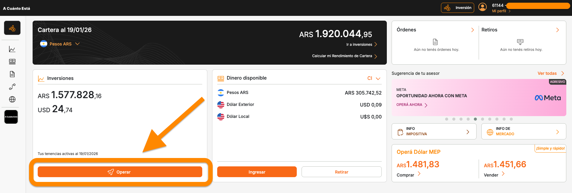 Dashboard de A Cuanto Esta mostrando el boton Operar destacado