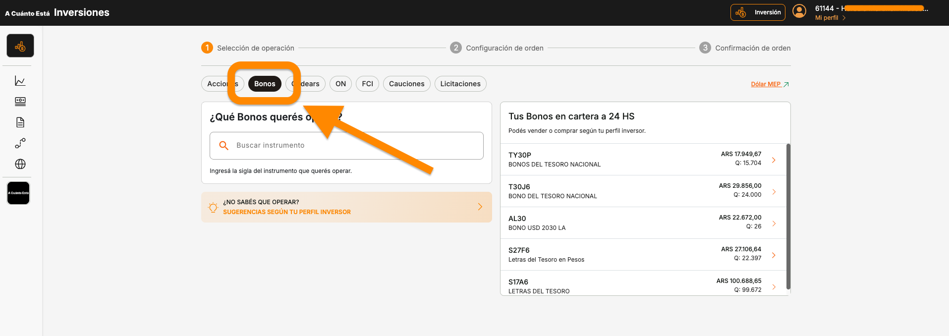 Seccion de Inversiones mostrando la pestana seleccionada