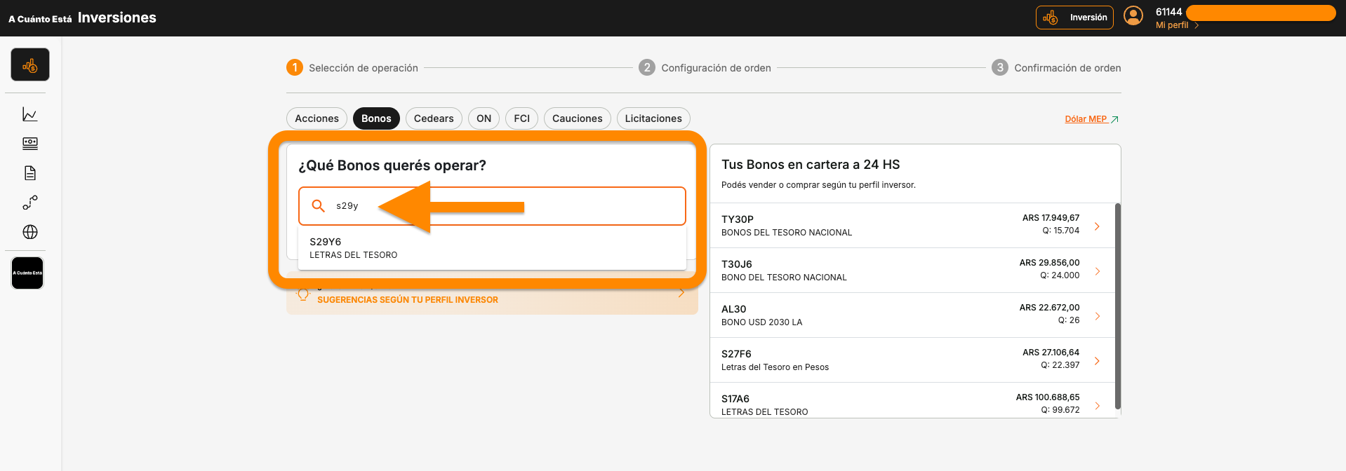 Buscador de instrumentos mostrando busqueda