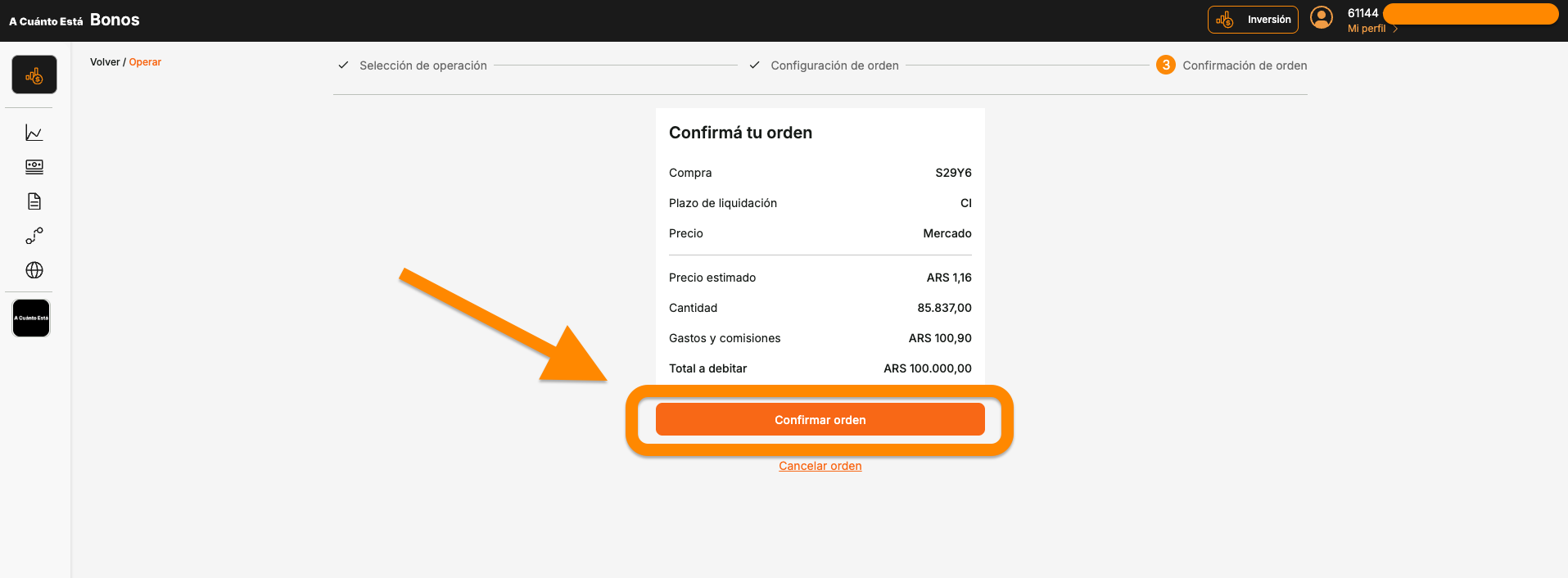 Pantalla de confirmacion de orden mostrando el boton Confirmar orden