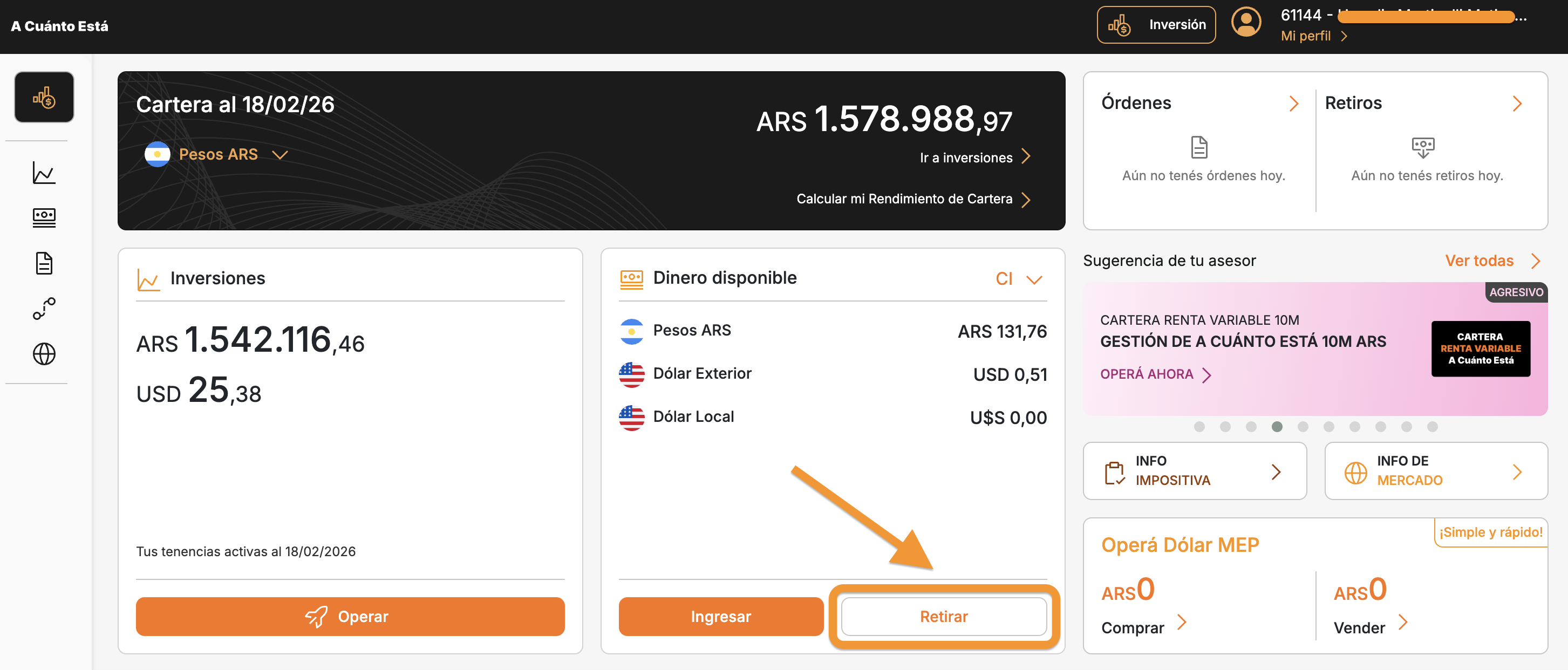 Dashboard de A Cuanto Esta mostrando el boton Retirar destacado con una flecha