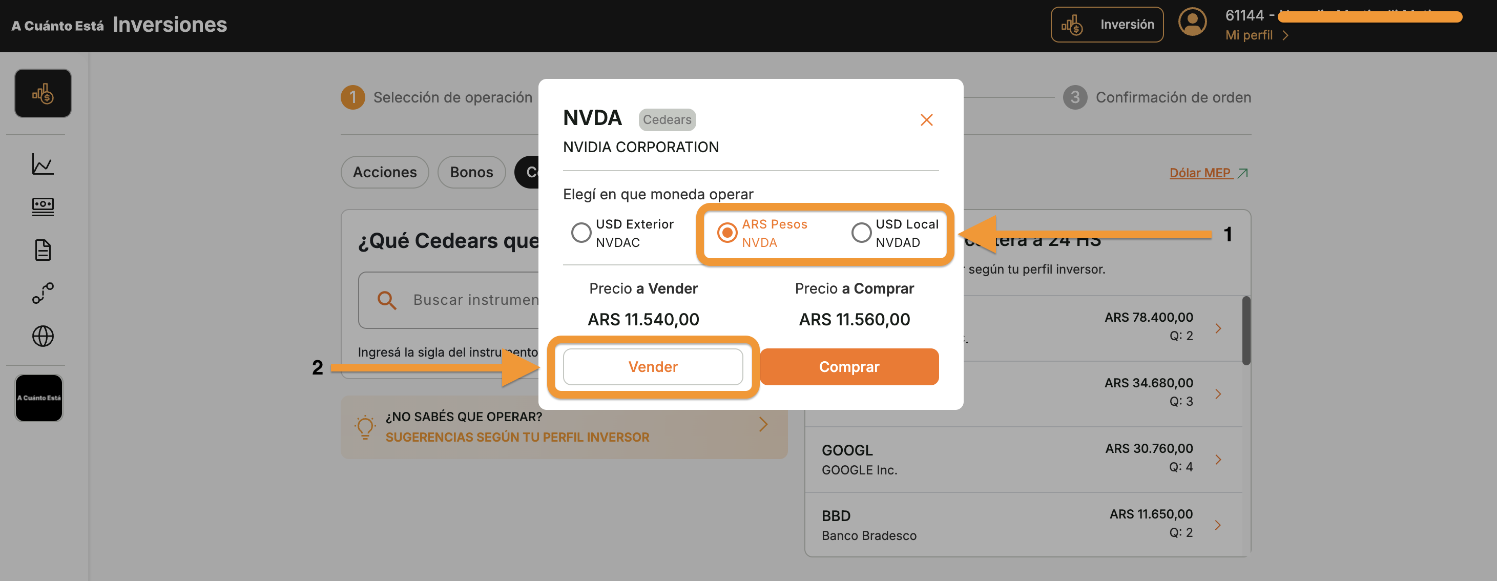 Modal de NVDA mostrando las opciones de moneda (USD Exterior, ARS Pesos seleccionado, USD Local) y los botones Vender y Comprar