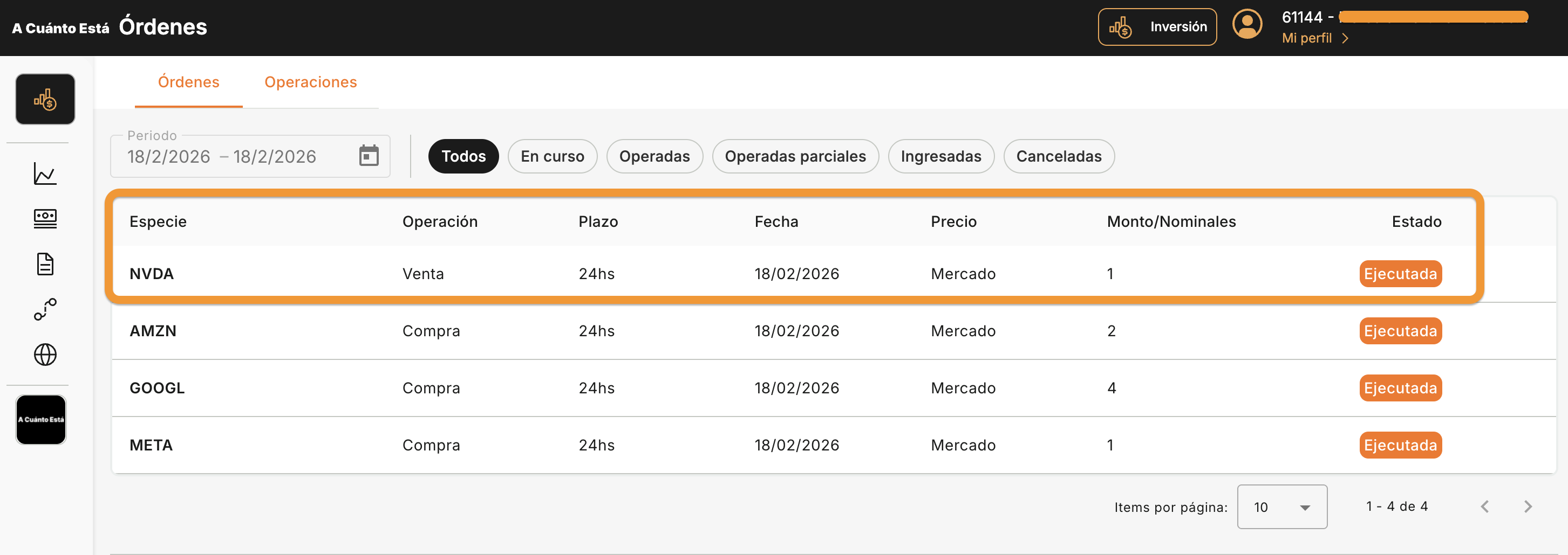 Pantalla de Ordenes mostrando la tabla con las operaciones del dia: NVDA Venta y AMZN, GOOGL, META Compra, todas con estado Ejecutada